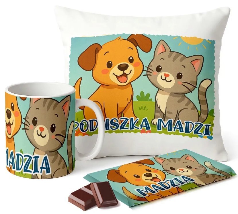 Zestaw Kubek Poduszka Czekolada z Imieniem Pies Kot Prezent Dla Dziecka