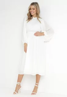 Sukienki - Biała Elegancka Sukienka Midi z Gumkami w Pasie i Ażurowymi Wstawkami Rouxia - grafika 1