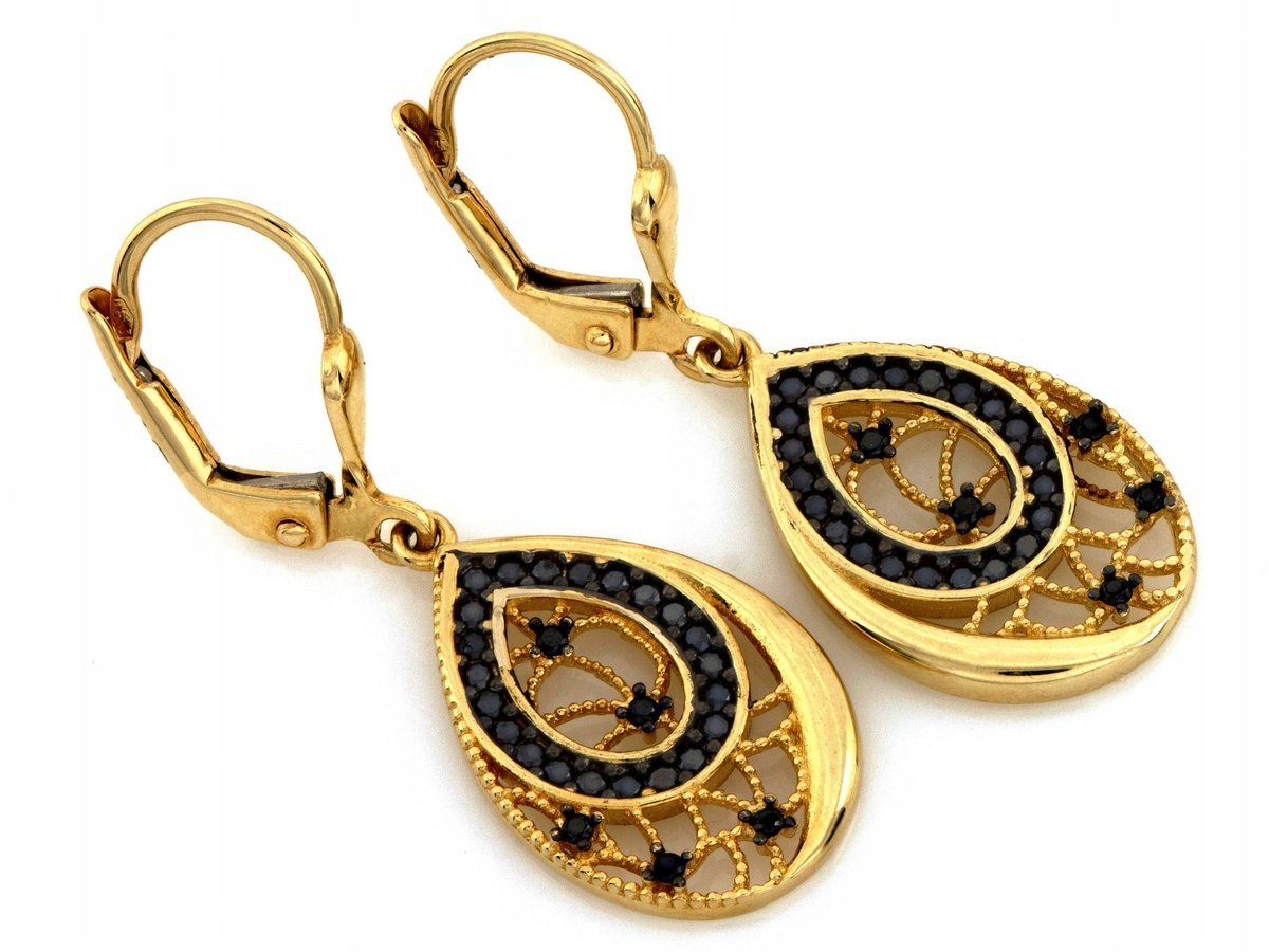 Złote kolczyki wiszące 585 ażurowe z czarnymi cyrkoniami 3.65g na prezent
