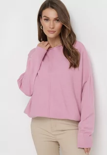 Swetry damskie - Różowy Sweter o Luźnym Fasonie z Rękawami Typu Nietoperz Poxure - grafika 1