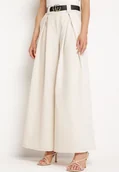 Spodnie damskie - Beżowe Szerokie Spodnie z Wysokim Stanem i Paskiem Serenda - miniaturka - grafika 1