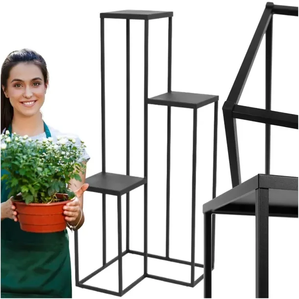Kwietnik Loft Wysoki Metalowy Stojący 3 Półki Produkt Polski Premium Czarny