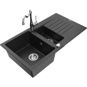 Zlewozmywaki z baterią - Mexen Matias zlewozmywak granitowy 1,5-komorowy z ociekaczem i baterią kuchenną Carla czarny/srebrny metalik - miniaturka - grafika 1