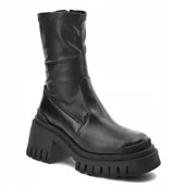 Botki damskie - Czarne Botki Workery Carinii B10021 Klocek Platforma Skóra Modne - miniaturka - grafika 1