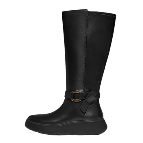 Fitflop Damskie F-Mode Kwadratowe Pierścienie Skórzane Płaskie Wysokie Kozaki Do Kolan, Czarne, 7 UK, Czarny, 41 EU