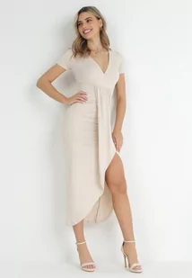 Beżowa Asymetryczna Sukienka Kopertowa z Marszczeniami Adephelia - Sukienki - miniaturka - grafika 1