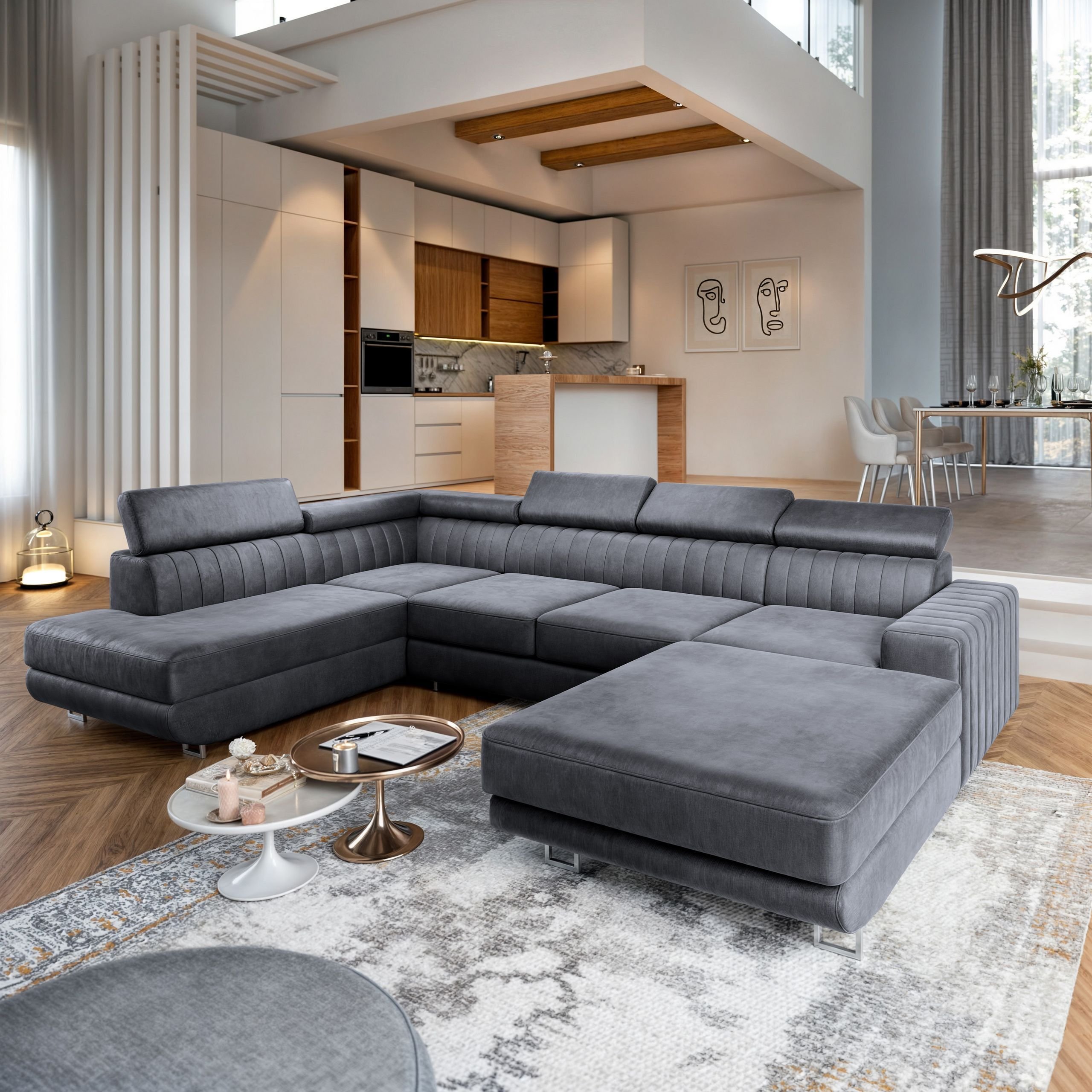 Masseno Narożnik SIENA R-S z funkcją spania i pojemnikiem na pościel Kształt U, Rozkładana sofa, Rogówka - Szary, MONOLITH 85
