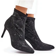 Botki damskie - S. BARSKI Wsuwane Zdobione Botki Na Szpilce S.Barski HY42-161 Czarne - miniaturka - grafika 1