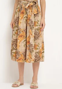 Beżowe Szerokie Spodnie z Wysokim Stanem z Gumką i Materiałowym Paskiem w Talii Asrefia - Spodnie damskie - miniaturka - grafika 1