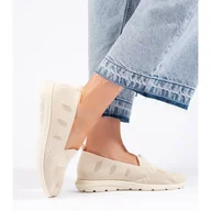 Slip on damskie - Beżowe tekstylne slip on damskie beżowy - Inna marka - miniaturka - grafika 1