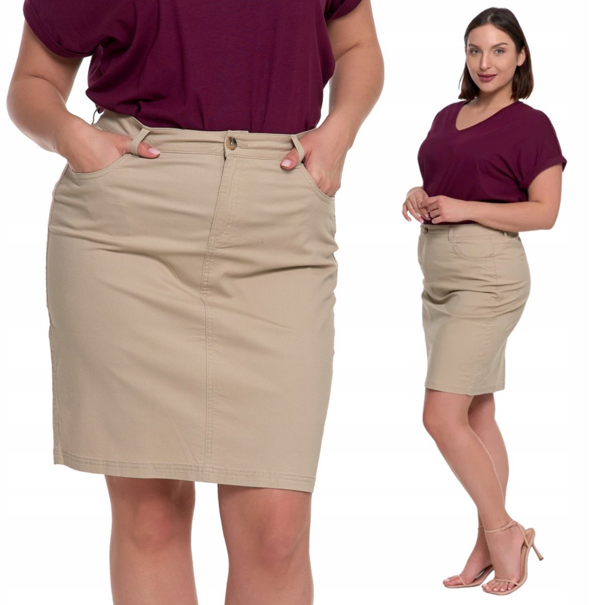 SPÓDNICA DAMSKA Z PASKIEM DOPASOWANY KRÓJ ELEGANCKA WYGODNA MORAJ S BEIGE