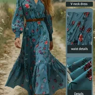 Sukienki - TEMU Elektryczna Boho Sukienka Maxi dla Kobiet - Kwiatowy Wzór w Kolorach Niebieskim/Fioletowym/Różowym/Turkusowym/Białym/Czarnym/Szarym/Beżowym, - miniaturka - grafika 1