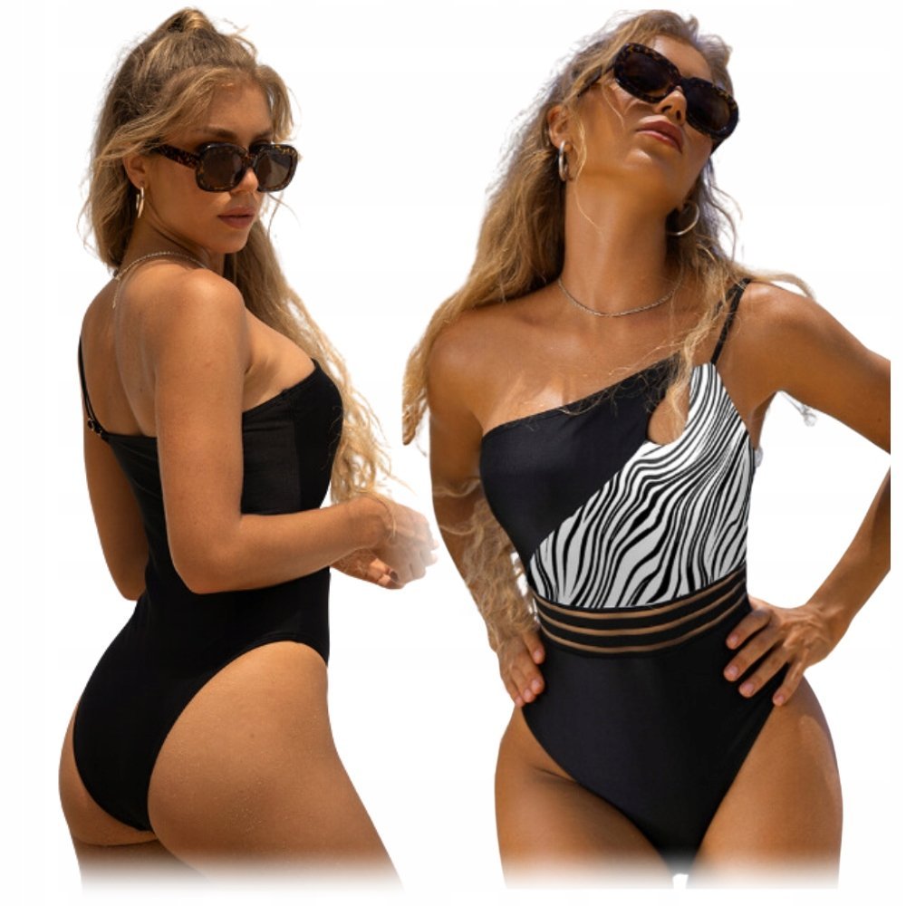 STRÓJ KĄPIELOWY CZARNY BIAŁY W ZEBERKĘ WYSZCZUPLAJĄCY NA RAMIE DAMSKI S