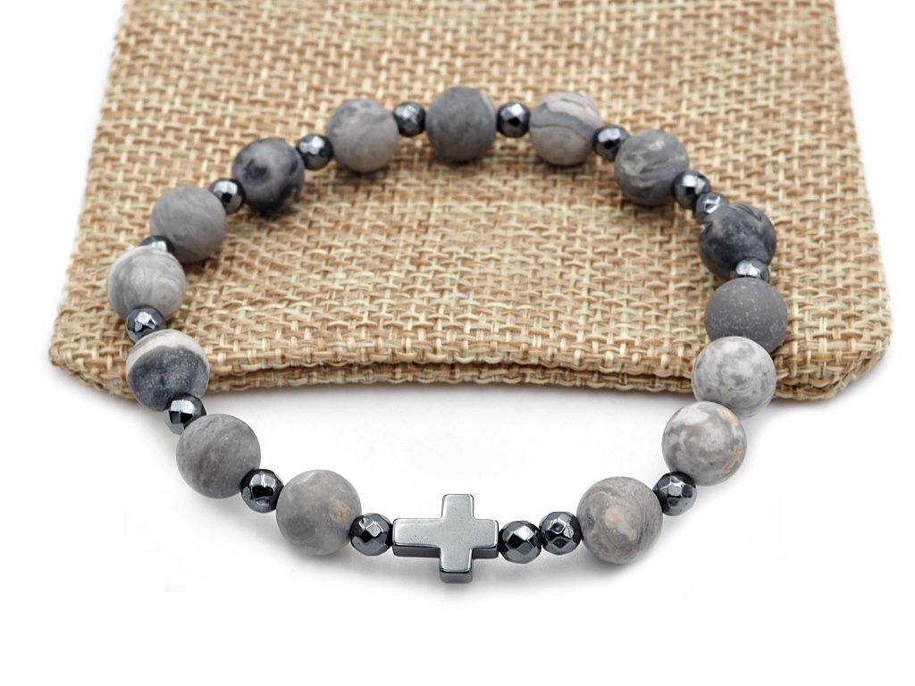 Bransoletka różaniec na rękę jaspis szary sakwa