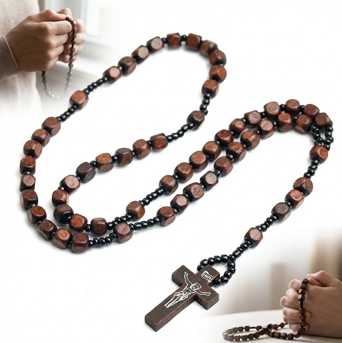 RÓŻANIEC DREWNIANY brązowy z krzyżykiem pasyjnym do codziennej modlitwy