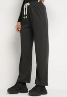 Spodnie damskie - Ciemnoszare Spodnie Szerokie w Prażki z Troczkiem w Pasie z Wysokim Stanem Saimira - miniaturka - grafika 1