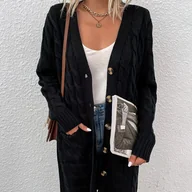 Swetry damskie - TEMU Długi kardigan z jednokolorowym dzianinem, zawiązany w jednym miejscu, z jednym guzikiem, nowy sweter z kieszenią w stylu vintage dla kobiet, - miniaturka - grafika 1