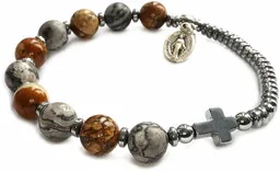Różaniec na rękę jaspis obrazkowy, jaspis picasso, hematyt 8752 - Biżuteria religijna - miniaturka - grafika 1