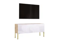 Szafki RTV - Szafka pod telewizor w kolorze dąb Wotan / biały wysoki połysk z nogami w kolorze złotym, A: szer: 100 cm cm, wys: 52 cm, gł: 32 cm. Meble pod telewizor, stolik pod telewizor, ława pod telewizor - miniaturka - grafika 1