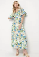 Sukienki - Biało-Niebieska Sukienka w Kolorowe Kwiaty z Kopertowym Dekoltem i Wiązanym Paskiem Thaliorra - Born2be - miniaturka - grafika 1