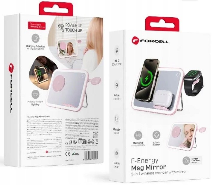 Forcell F-ENERGY Mag Mirror 3 in 1 15W ładowarka indukcyjna z kompatybilna z MagSafe / Apple Watch / Samsung Watch / Airpods różowa