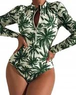 Stroje kąpielowe - Damski jednoczęściowy strój kąpielowy sportowy z motywem liści L - miniaturka - grafika 1