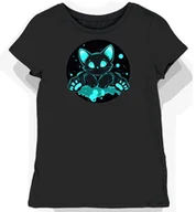 Koszulki i topy damskie - Koszulka damska czarna z nadrukiem turkusowego kota L - Empik - miniaturka - grafika 1