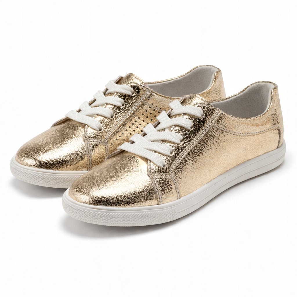 Złote trampki damskie - metaliczne sneakersy z białą podeszwą 36
