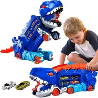 Zabawki konstrukcyjne - Mega Dinozaur Transporter T-Rex 3w1 Tor Wyścigowy + 2 Metalowe Resoraki - miniaturka - grafika 1