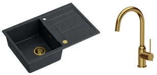 Quadron Zlewozmywak granitowy jednokomorowy 78*50*22 cm z ociekaczem MORGAN 111 BLACK DIAMOND ze złotym odpływem z baterią INGRID Q LINE kolor złoty - Zlewozmywaki z baterią - miniaturka - grafika 1