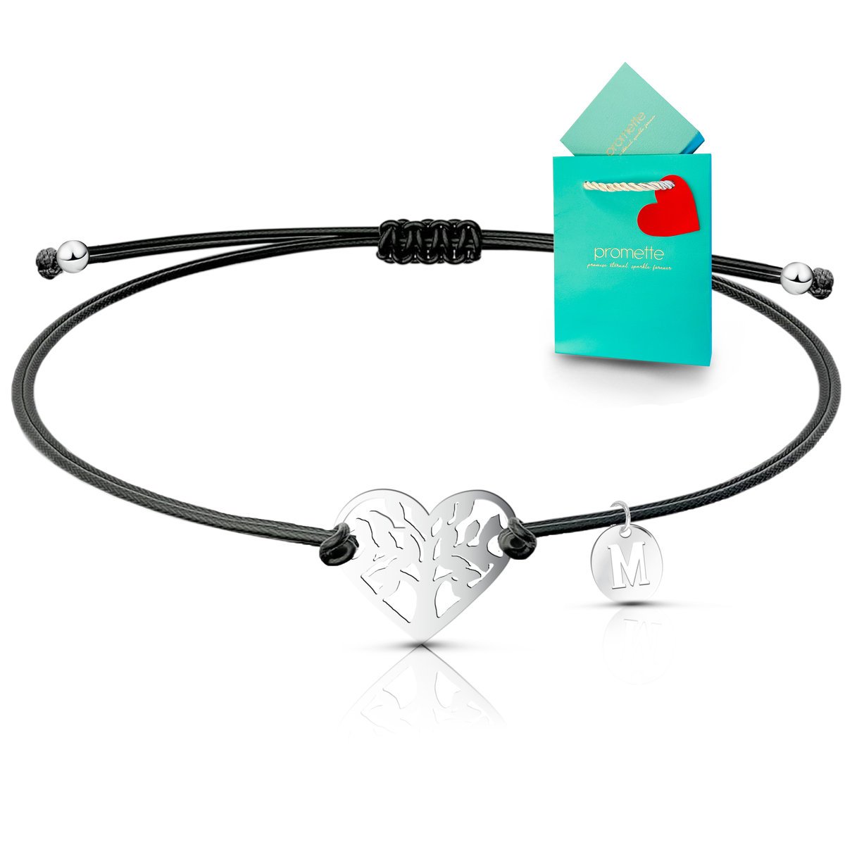 Bransoletka drzewo życia w sercu na czarnym sznurku sznurkowa srebrna 925