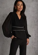 Bluzki damskie - Czarna Bluzka VICES w Kopertowym Stylu z Luźnymi Transparentnymi Rękawami i Dekoltem V Inge - miniaturka - grafika 1