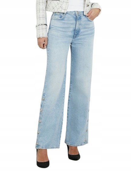 Guess Spodnie Jeansowe Damskie Niebieskie Z Haftem Proste Długie 27 Gna