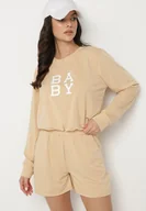 Bluzy sportowe damskie - Beżowy 2-Częściowy Komplet Dresowy Bluza z Nadrukiem i Luźne Szorty z Kieszeniami Ridana - miniaturka - grafika 1