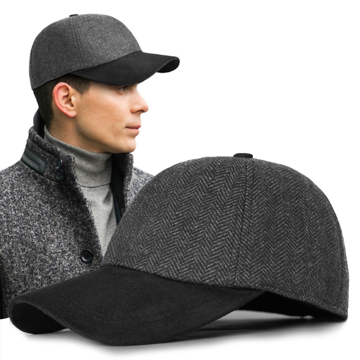 Czapka Zimowa z Daszkiem 50% Wełny Elegancka Jodełka Ocieplana Pako Jeans