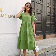 Sukienki - Clotth Damska sukienka Falbala z krótkim rękawem, dekolt w serek, warstwowa, duża spódnica swingowa, szyfonowa, letnia sukienka, zielony (Grass Green-XL), XL - miniaturka - grafika 1