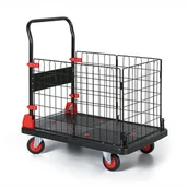 Wózki magazynowe - Wózek platformowy ze składaną rączką, 3 barierki z drutu, 300 kg, metalowe uchwyty na koła - miniaturka - grafika 1