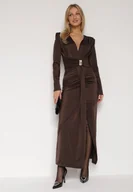 Sukienki - Brązowa Elegancka Sukienka z Trenem i Rozcięciem Atissa - miniaturka - grafika 1