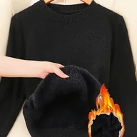 Bluzy damskie - TEMU Jesienno-Zimowy Sweter Damski z Podszewką Polarową, Okrągły Dekolt Jednokolorowa Bluza Termiczna Warstwa Bazowa Elastyczny Materiał - Miękki i - miniaturka - grafika 1