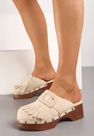 Klapki i japonki damskie - Beżowe Klapki Typu Chodaki Ozdobione Klamrą i Frędzlami Peretta - miniaturka - grafika 1