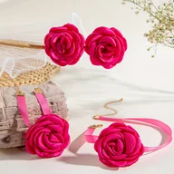 Inne - TEMU Elegancki 3-częściowy zestaw biżuterii kwiatowej dla kobiet - Kolczyki, naszyjnik i bransoletka z róż z poliestru - Bez powłoki, żelazna igła do - miniaturka - grafika 1