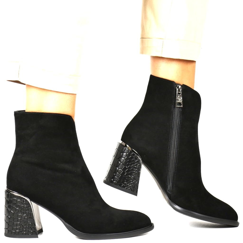 DAMSKIE BOTKI SKÓRZANE NA OZDOBNYM OBCASIE VINCEZA 66801 CZARNE