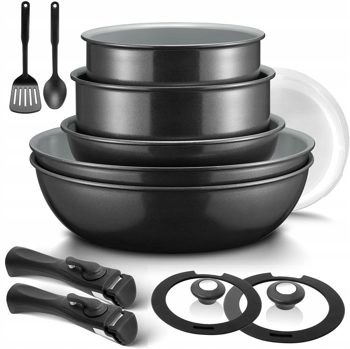 ZESTAW GARNKÓW PATELNIA POKRYWKA INDUKCJA ODCZEPIANE UCHWYTY 13 ELEMENTÓW
