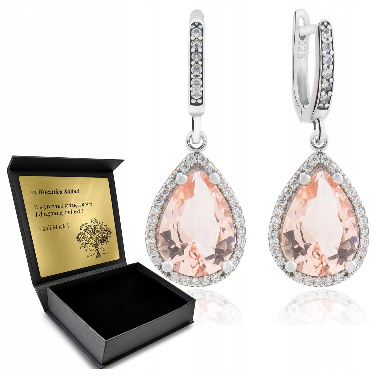 Kolczyki Srebrne 925 Cyrkonie I Morganit Biżuteria Dla Kobiety + Grawer