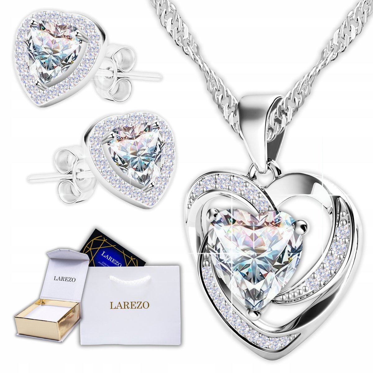 Zestaw Srebrny Naszyjnik Serce i Srebrne Kolczyki Białe Kryształowe Serca