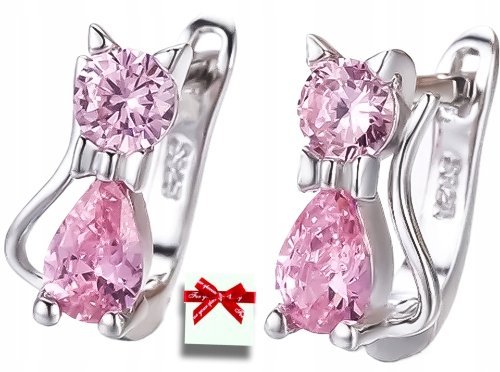 KOLCZYKI ZE SREBRA 925 KOTY, KOTKI wiszące dla dzieci różowe,prezent