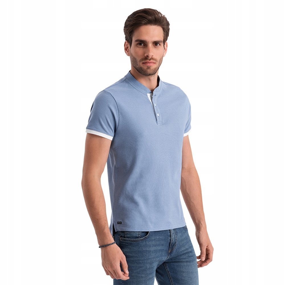 Koszulka męska polo bez kołnierzyka niebieska V3 OM-TSCT-0156 S