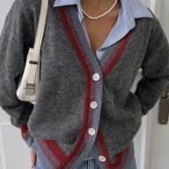 Swetry damskie - TEMU Kardigan Damski Elegancki Vintage - Dwukolorowy Design, Dekolt w Serek z Długim Rękawem i Otwartym Przodem na Guziki, Średnio Elastyczny - miniaturka - grafika 1