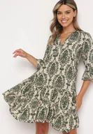 Sukienki - Zielono-Beżowa Bawełniana Rozkloszowana Sukienka z Falbankami Miloa - miniaturka - grafika 1