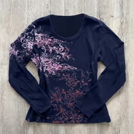 Bluzki damskie - TEMU T-shirt z długim rękawem z kwiatowym nadrukiem w stylu Y2K dla kobiet - rozciągliwy, dopasowany, okrągły dekolt, czarny z różowymi i czerwonymi - miniaturka - grafika 1